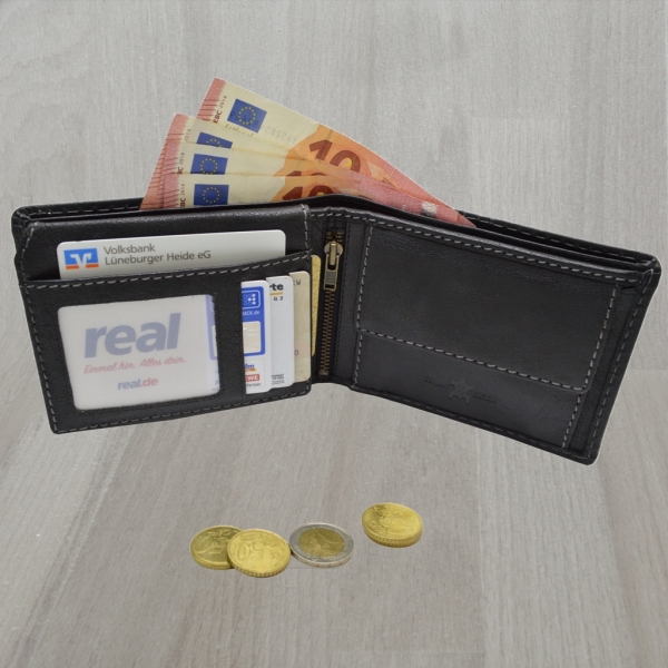 Herren Geldbörse Schwarzes Leder Portemonnaie Lozano